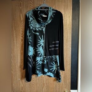 Paris Black and Teal Floral Cowl Neck Top